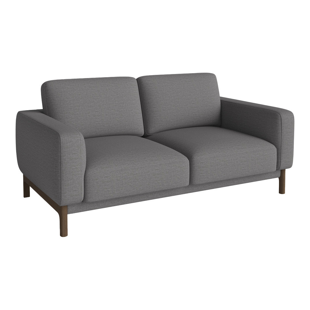 Gray fabric sofa with a clean, minimalist design and smooth texture, featuring a modern wooden base.