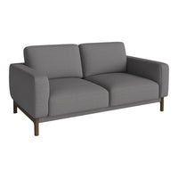 Gray fabric sofa with a clean, minimalist design and smooth texture, featuring a modern wooden base.