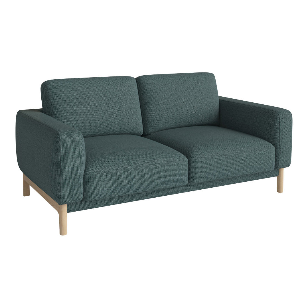 Teal fabric sofa with a textured pattern and light wooden legs, ideal for modern living spaces.