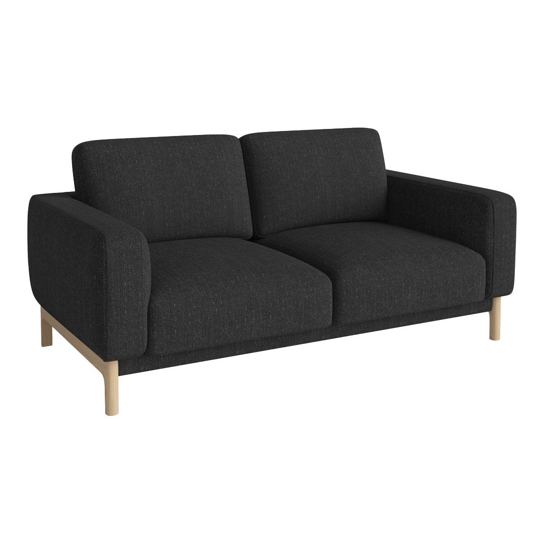 Modern black fabric sofa with a minimalist design and light wooden legs, perfect for contemporary interiors.