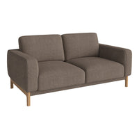 Brown upholstered sofa with smooth fabric and minimalist design, featuring a light wood base for a modern aesthetic.