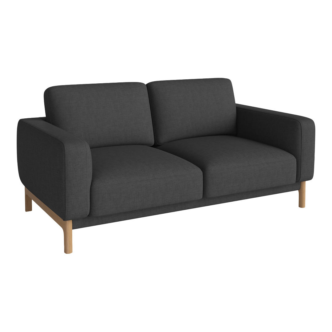 Modern gray fabric sofa with clean lines and a minimalist design, featuring a wooden base for a stylish touch.