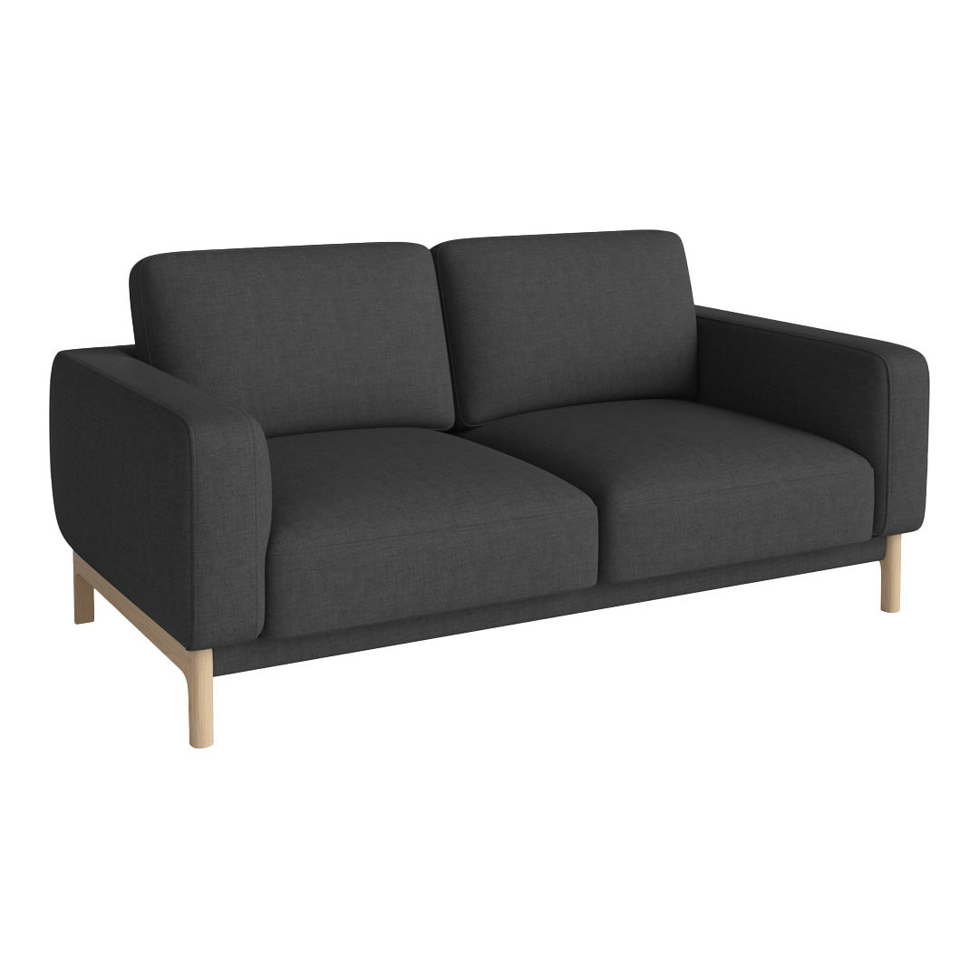 Modern dark gray sofa with clean lines and minimalist design, featuring smooth fabric and natural wood legs.
