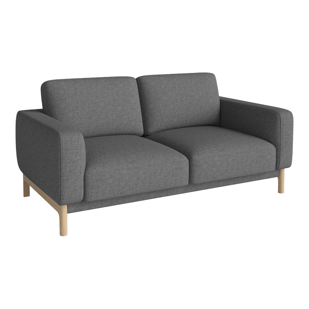 Gray fabric sofa with a minimalist design and light wood legs, featuring a textured pattern for added elegance.