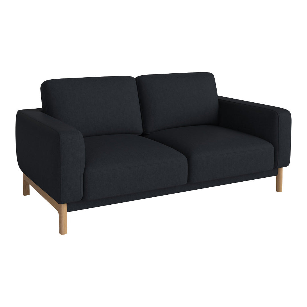 Modern black sofa with clean lines and a textured fabric on a natural wood base.