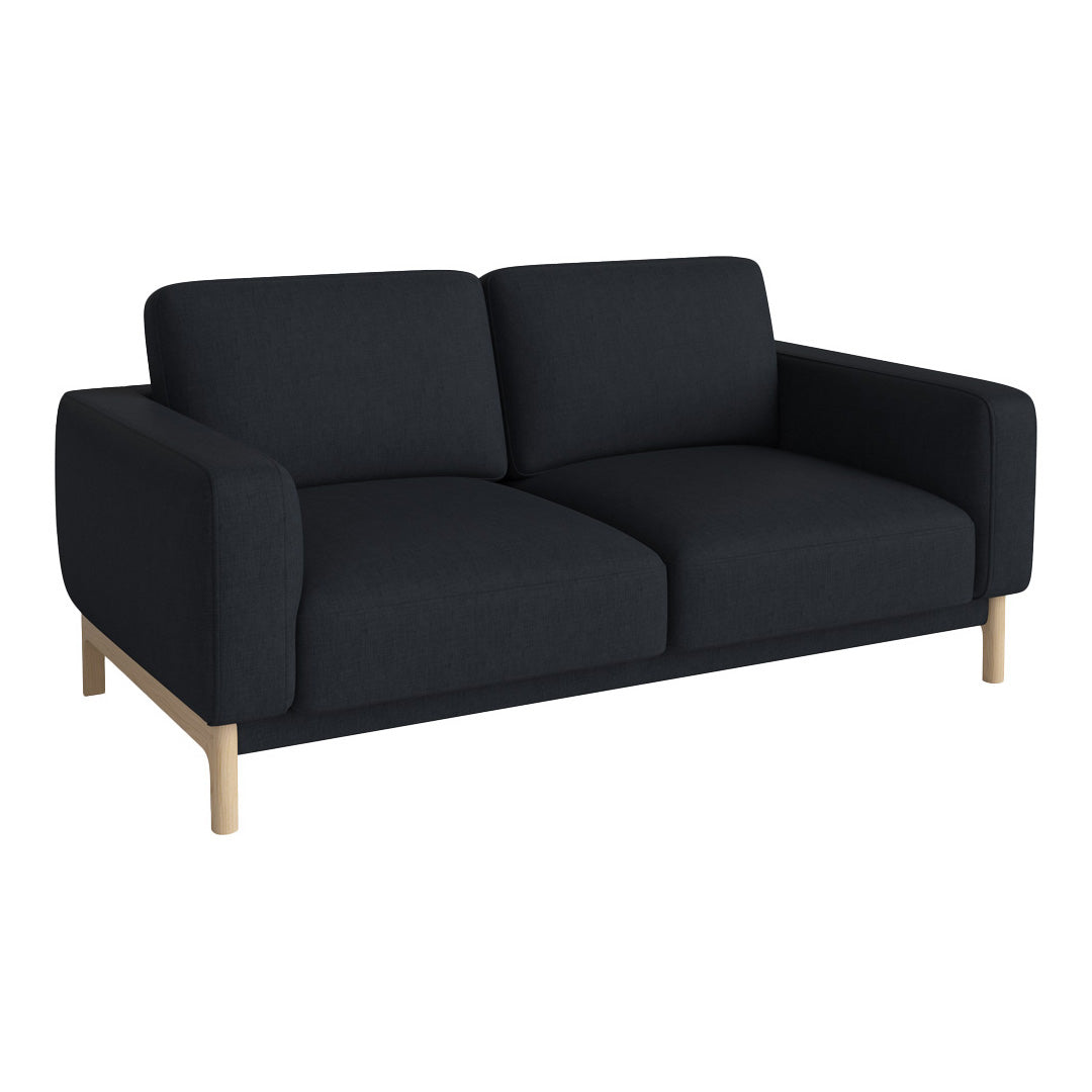 Modern black sofa with a smooth texture and clean lines, featuring natural wood legs for a stylish contrast.