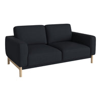 Modern black sofa with a smooth texture and clean lines, featuring natural wood legs for a stylish contrast.