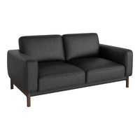 Stylish black fabric sofa with a modern design and clean lines, featuring rich brown wooden legs.