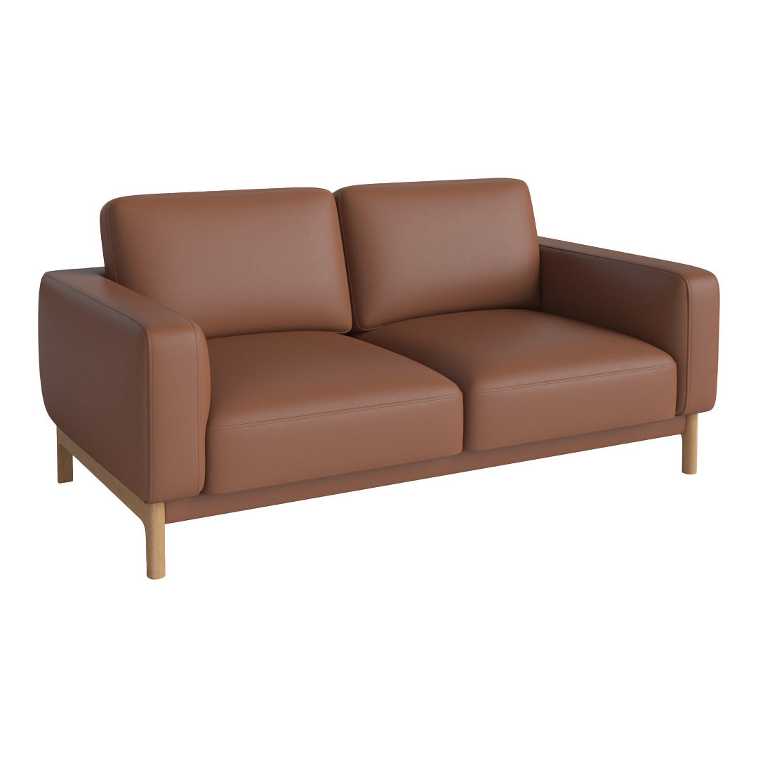 Brown leather sofa with smooth texture and minimalist design, featuring light wooden legs. Ideal for modern interiors.