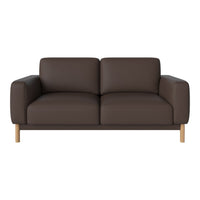 Brown leather couch with a modern design and wooden legs, featuring a smooth, minimalist finish. Ideal for any living space.