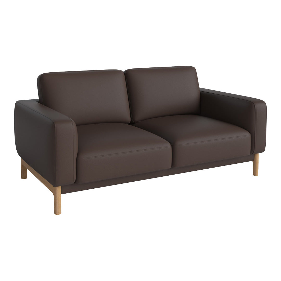 Brown leather sofa with sleek design and natural wood legs, perfect for modern interiors.