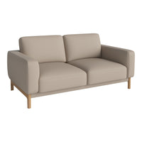 Beige two-seater sofa with smooth upholstery and light wooden legs, perfect for modern living spaces.