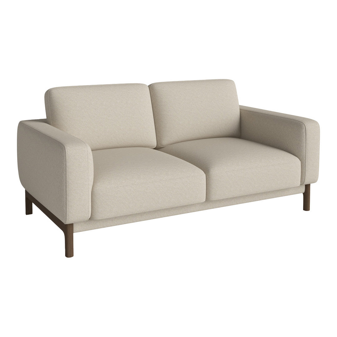 Beige, minimalist sofa with a smooth fabric texture and sleek wooden legs, perfect for modern living spaces.
