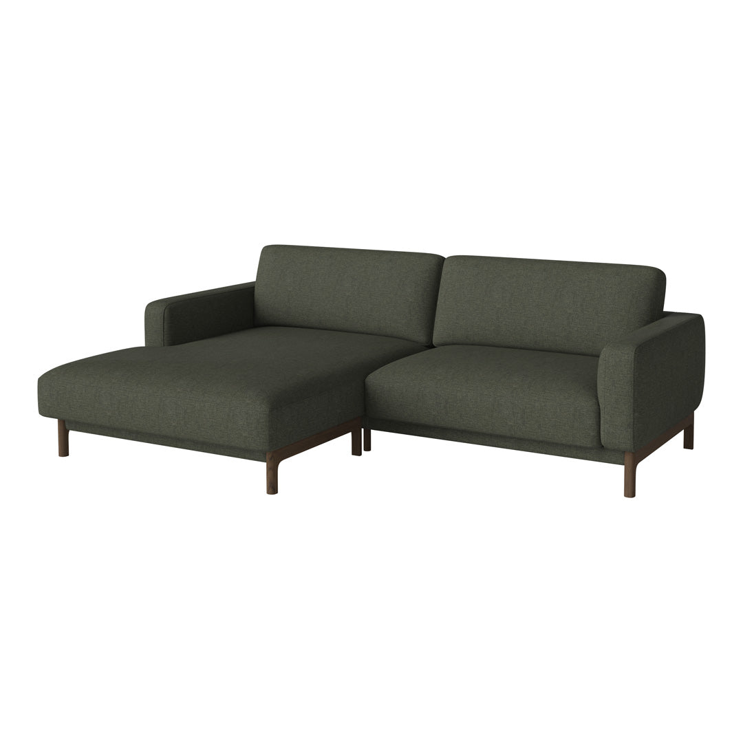 Dark green fabric corner sofa with a modern design and clean lines, featuring subtle texture and wooden legs.