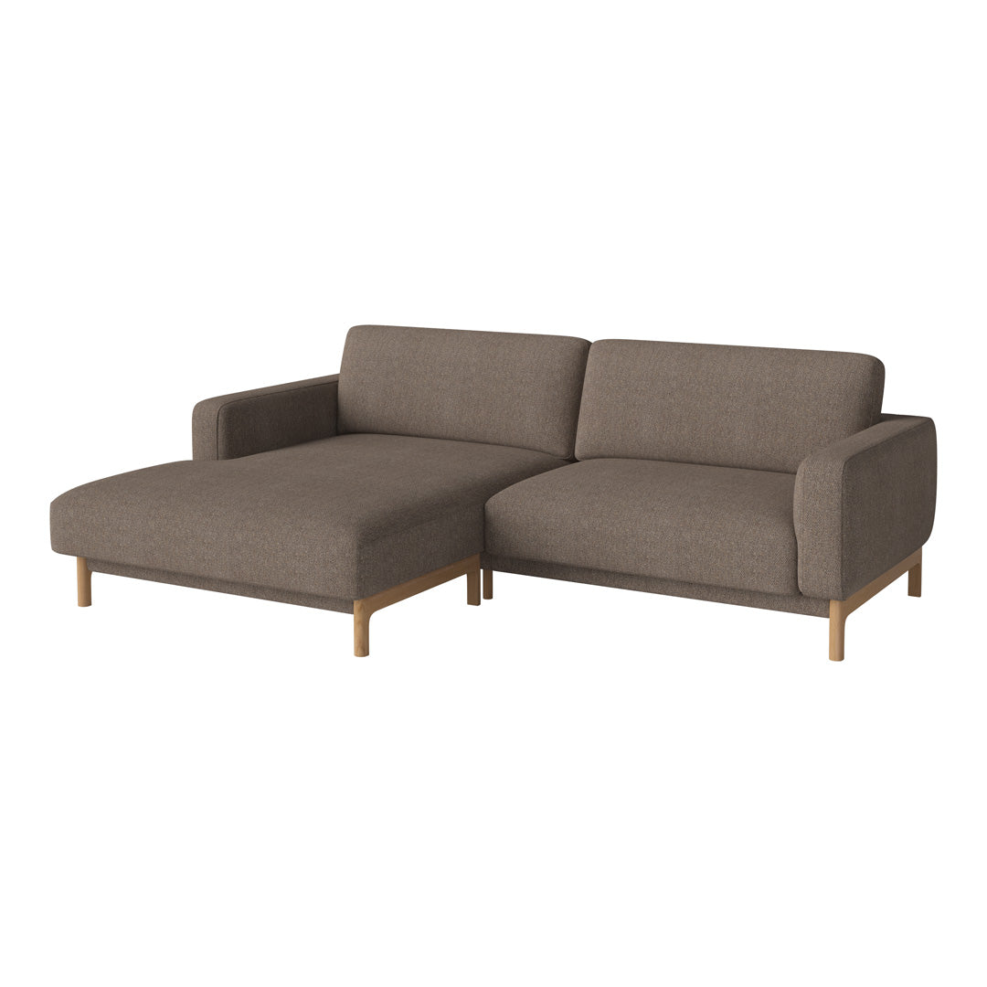 Brown fabric sectional sofa with clean lines and wooden legs, featuring a modern, minimalist design.