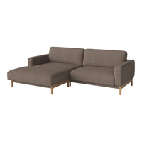 Brown fabric sectional sofa with clean lines and wooden legs, featuring a modern, minimalist design.