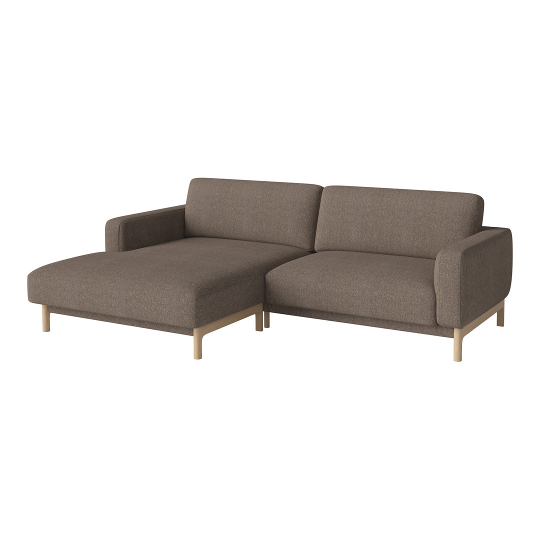 Brown fabric sectional sofa with clean lines and light wooden legs for a modern, minimalist look.