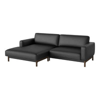 Sleek black leather sectional sofa with minimalistic design and wooden legs for a modern touch.