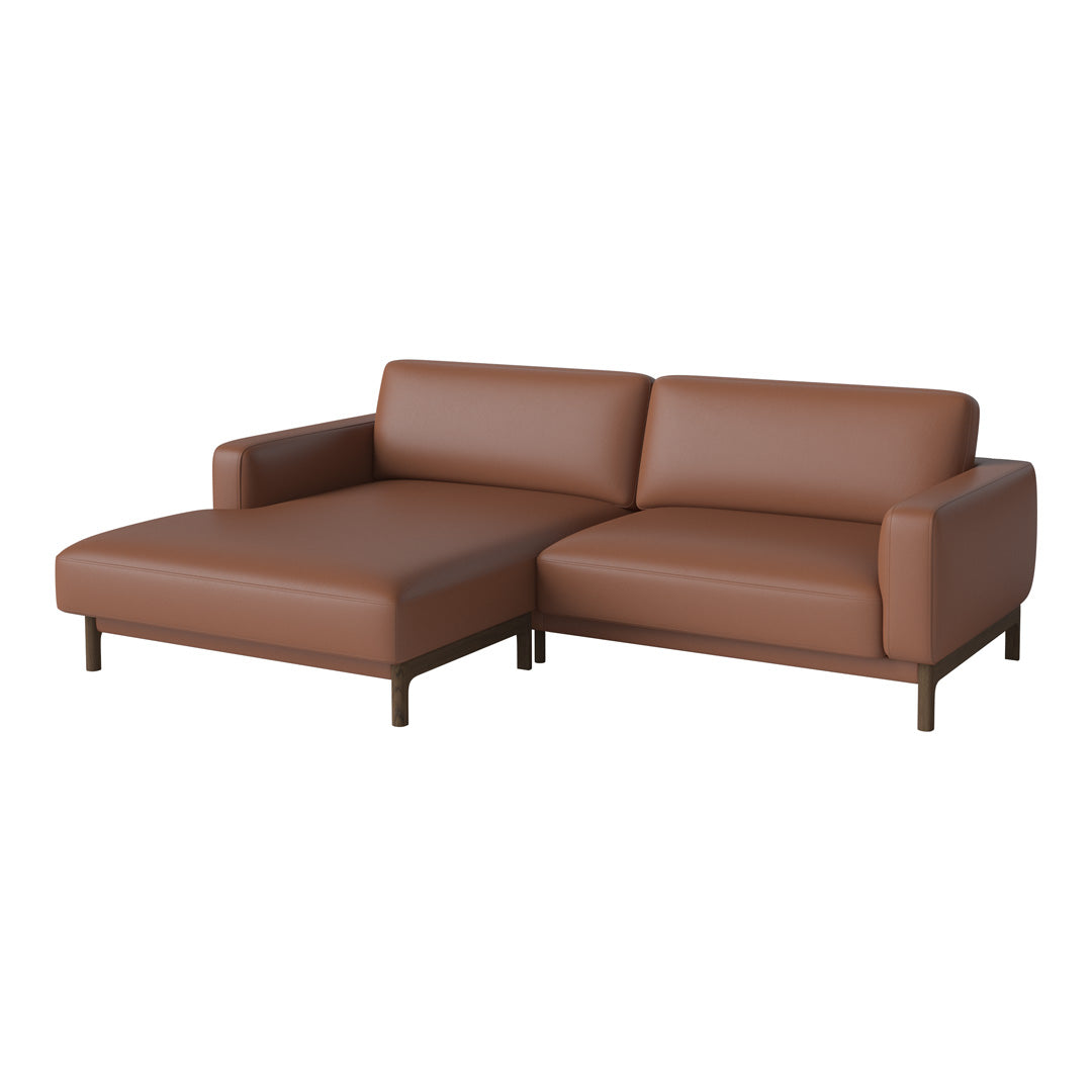 Brown leather sectional sofa with a sleek, modern design and smooth, minimalist cushions. Perfect for contemporary spaces.