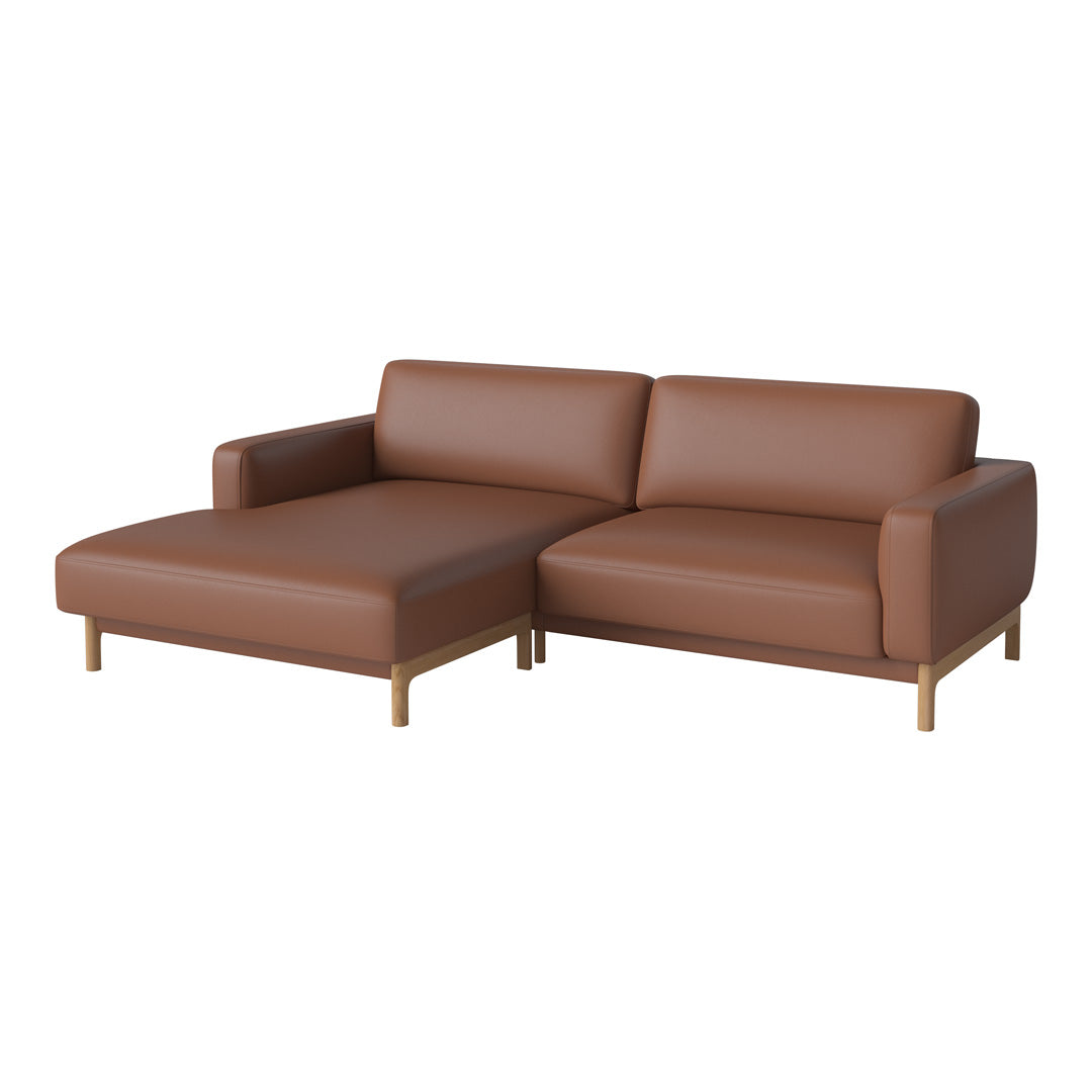 Brown leather sectional sofa with a sleek design and minimalist wood legs, perfect for modern interiors.