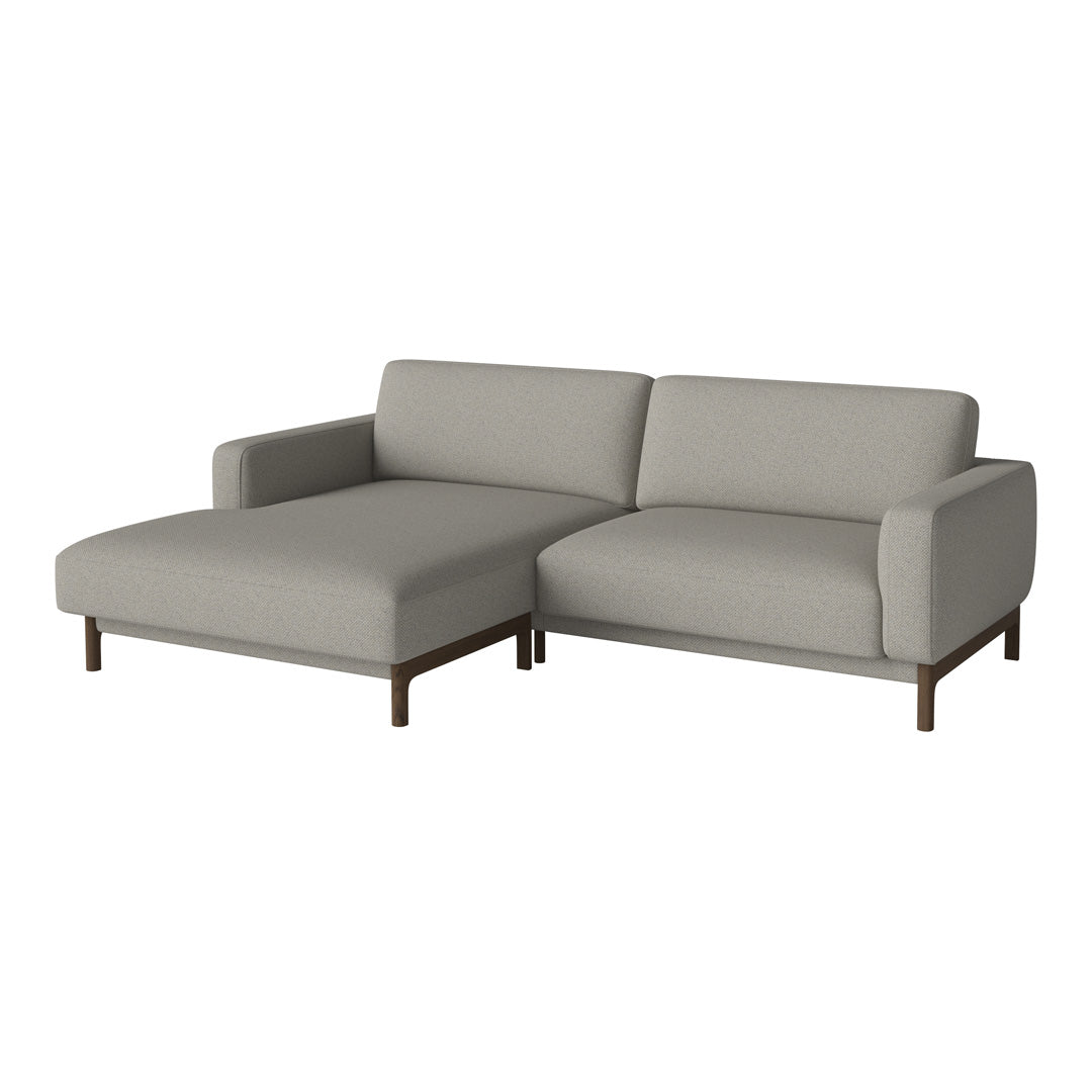 Light gray fabric sectional sofa with a modern design and dark wood legs, offering a minimalist aesthetic.