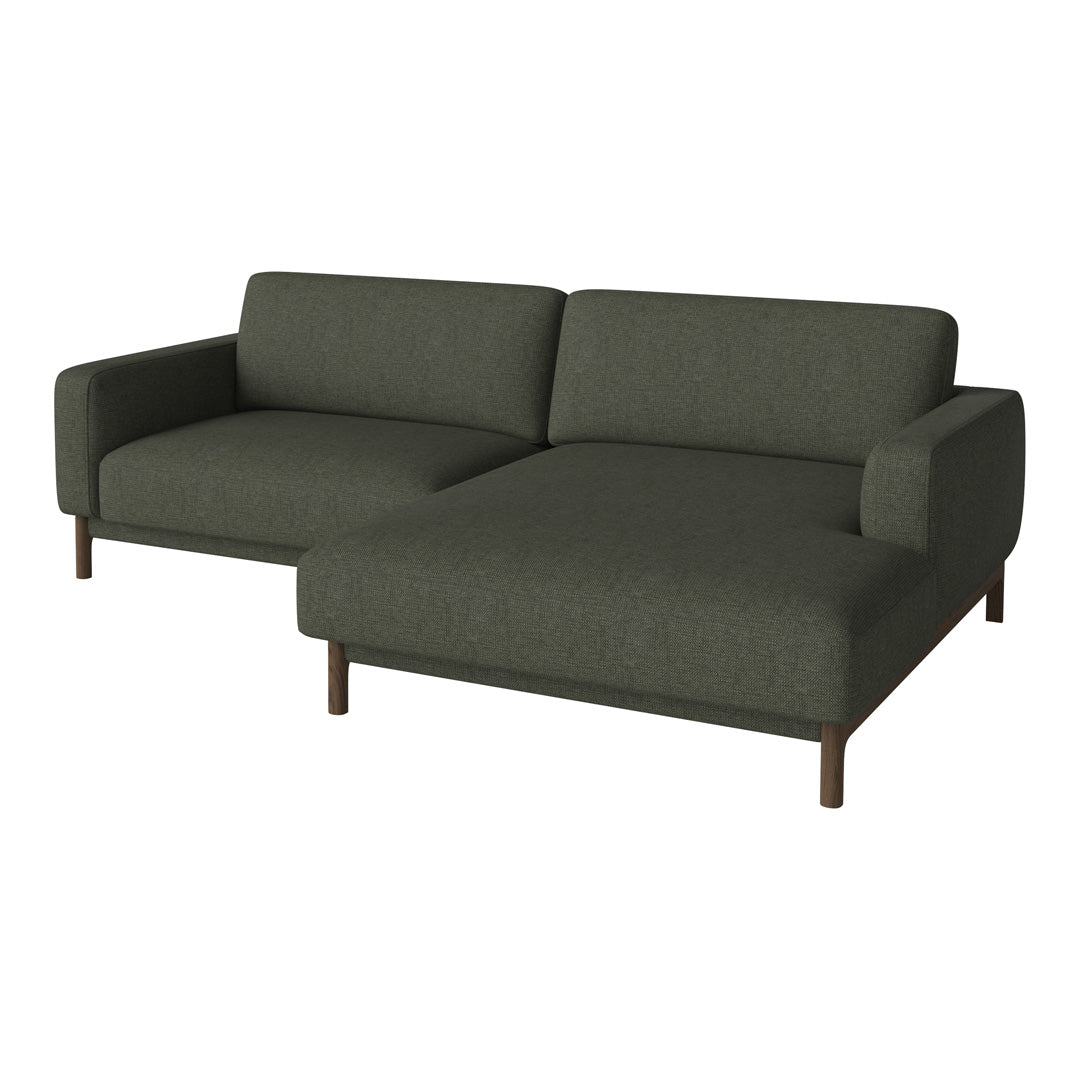 Dark green, fabric sectional sofa with clean lines and a minimalist design, featuring a solid wood base.