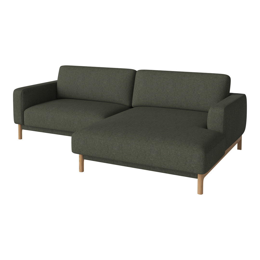Dark green fabric sofa with a minimalist design and light wooden legs, perfect for modern interiors.