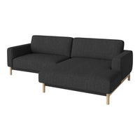 Charcoal gray fabric sofa with minimalist design and natural wood legs. Ideal for modern living spaces.
