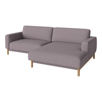 Gray fabric sofa with a modern design and natural wooden legs, featuring a clean, minimalist aesthetic.