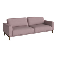 "Light pink modern sofa with a sleek design and smooth fabric, featuring a minimalist style."