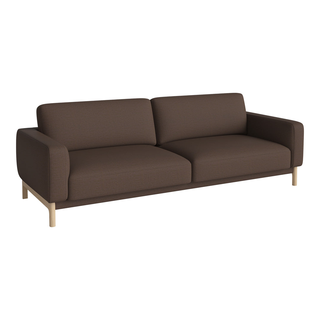 Brown modern sofa with a smooth fabric surface and light wooden legs, featuring a minimalist design.