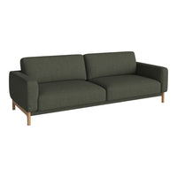 Olive green fabric sofa with clean lines and a modern design, featuring light wooden legs.