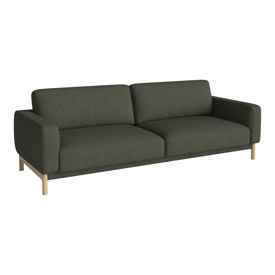 Modern green sofa with a smooth fabric texture and minimalist wooden legs, perfect for contemporary interiors.