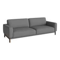 Grey upholstered sofa with a clean, modern design and simple lines. Features a solid wooden base.