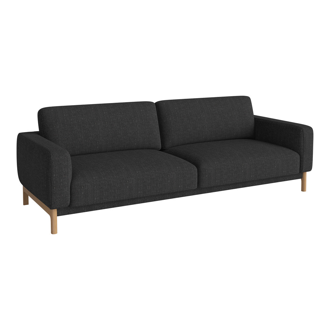 Dark gray fabric sofa with clean lines and natural wood legs, perfect for modern living spaces.