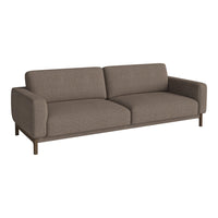 Brown upholstered sofa with a modern design and minimalist pattern, featuring clean lines and a solid wood frame.