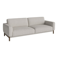 Light gray modern sofa with a sleek design and smooth fabric finish, featuring contrasting wooden legs.