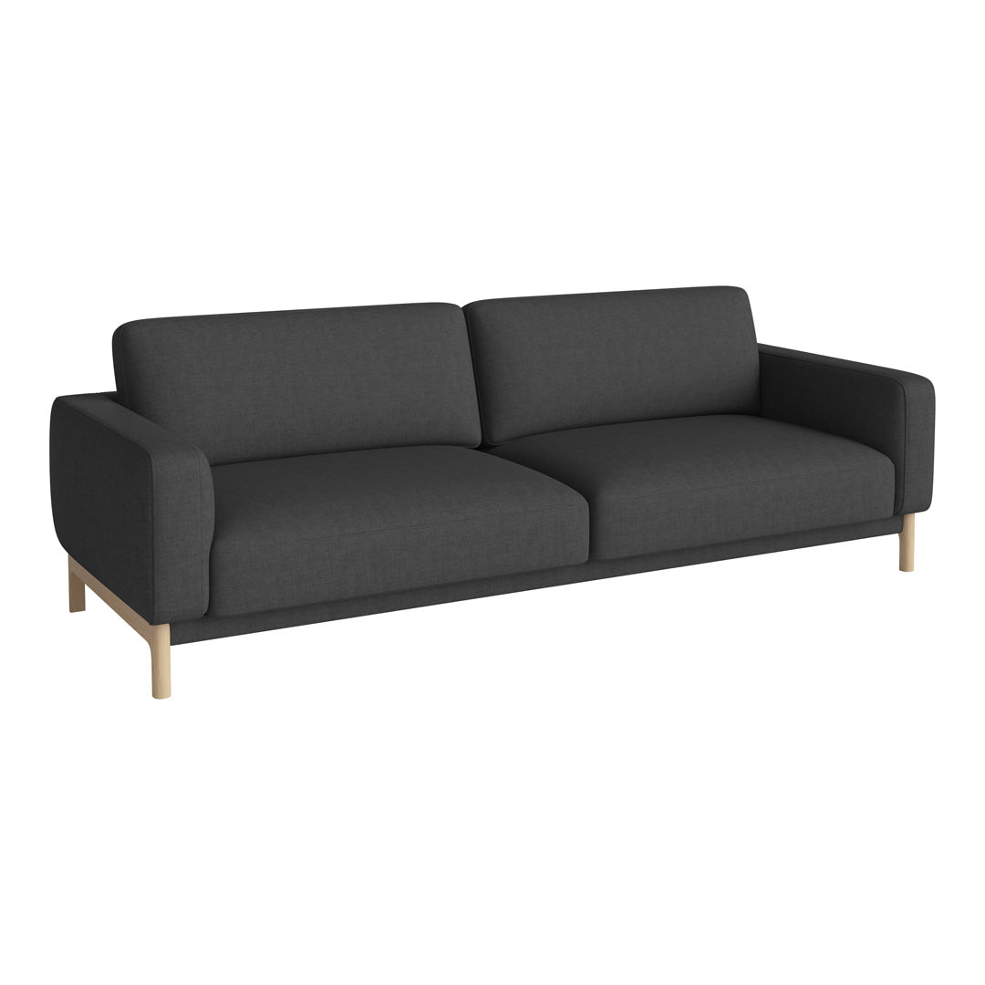 Modern gray sofa with a textured fabric and light wooden legs, featuring a sleek, minimalist design.