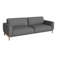 Gray upholstered sofa with a sleek, modern design and natural wood legs, showcasing a minimalist style.