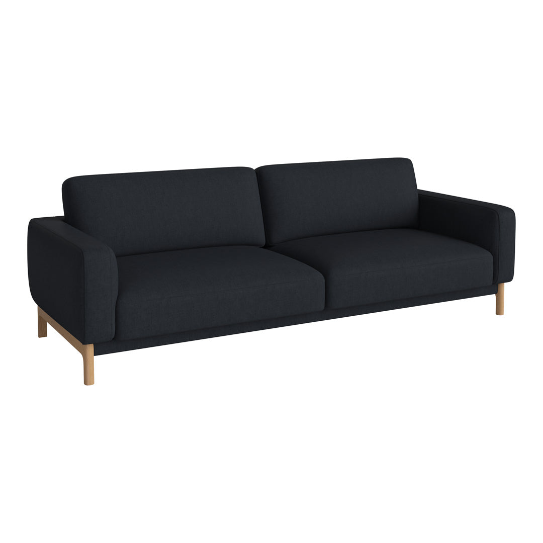 "Modern black fabric sofa with a sleek design and light wooden legs, perfect for contemporary living spaces."