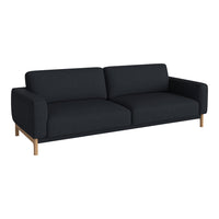 "Modern black fabric sofa with a sleek design and light wooden legs, perfect for contemporary living spaces."