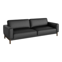 Modern black leather sofa with smooth texture and simple design, featuring a minimalist gray accent.