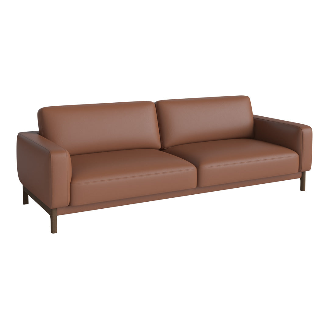 Brown leather couch with a sleek, modern design and minimalist wooden legs. Perfect for contemporary decor.