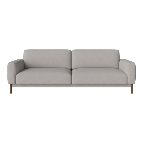 Light gray modern sofa with minimalist design and smooth fabric, featuring a clean wooden base.