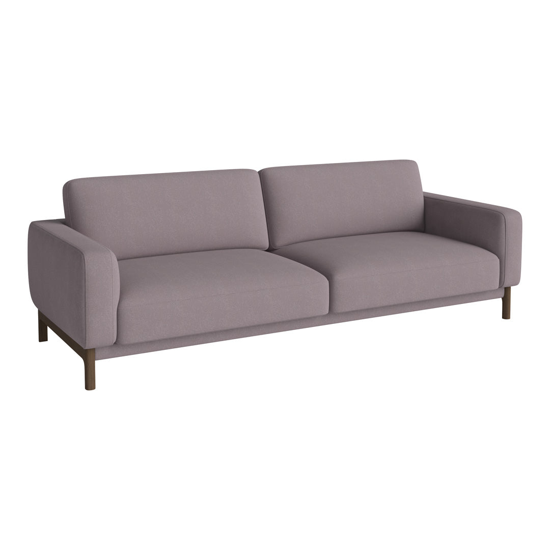 Modern light purple sofa with clean lines and minimalist design, featuring a smooth, textured fabric upholstery.