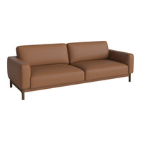 Brown leather sofa with sleek lines and minimalist design, perfect for modern living spaces.