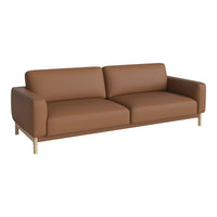 Brown leather sofa with a sleek design and light wood legs, featuring smooth, solid upholstery without patterns.
