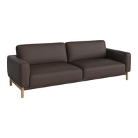 Brown leather sofa with a sleek, modern design and wooden legs, featuring a smooth, minimalist pattern.