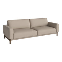 Beige modern sofa with a sleek design, featuring smooth cushions and minimalistic brown wooden legs.