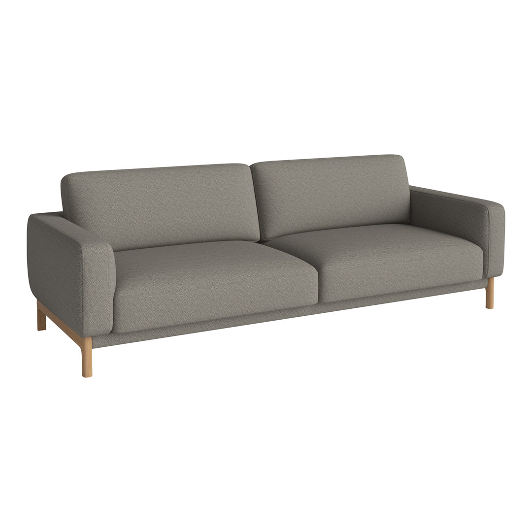 Gray upholstered sofa with clean lines and a minimalist design, featuring light wooden legs. Ideal for modern decor.